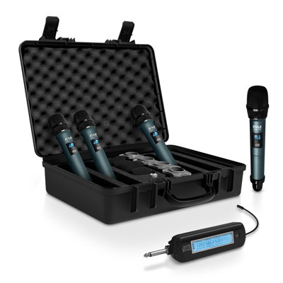 Système de microphone sans fil à 4 canaux Pyle, système de réception à bande UHF portable, commandes de canal indépendantes, indicateur LCD à signal radio, ensemble de micros audionumériques avec 4 micros portatifs (vert)