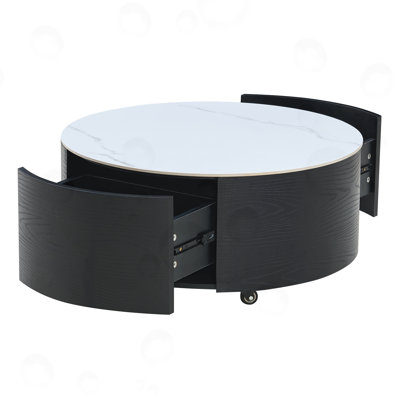 Round Movable Coffee Table with Casters and 2 Drawers
