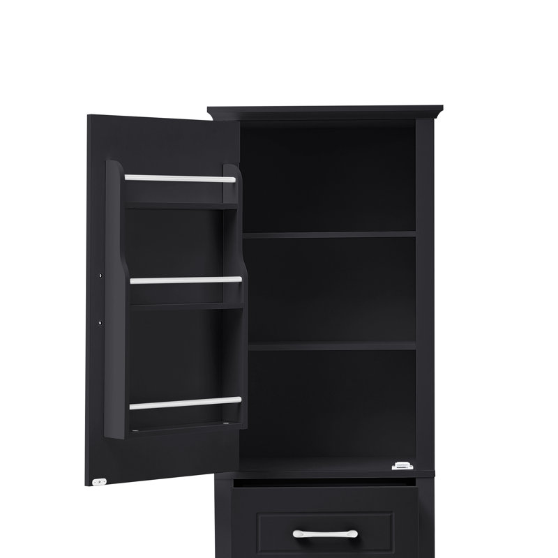 Grande armoire de rangement noire pour salle de bain, armoire de rangement autoportante avec deux portes et tablettes réglables, conception à étagère de porte, panneau de fibres à densité moyenne