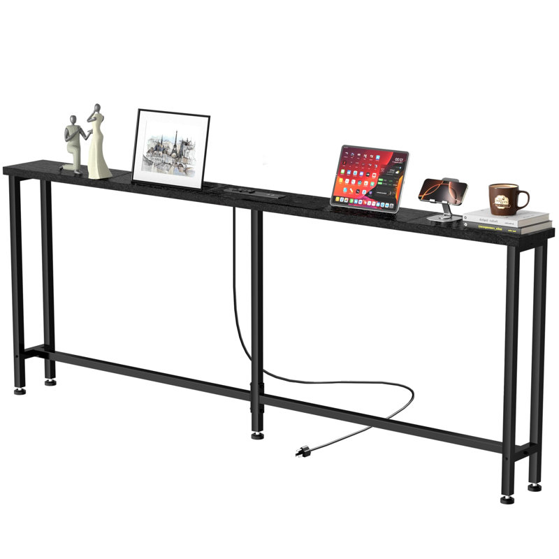 63-Inch Narrow Console Table With Built-In Power Strip - 2 AC Outlets & 2 USB Ports, 4.9Ft Cord, Metal Frame, Easy Assembly For Behind Couch, Hallway, Or Home Office