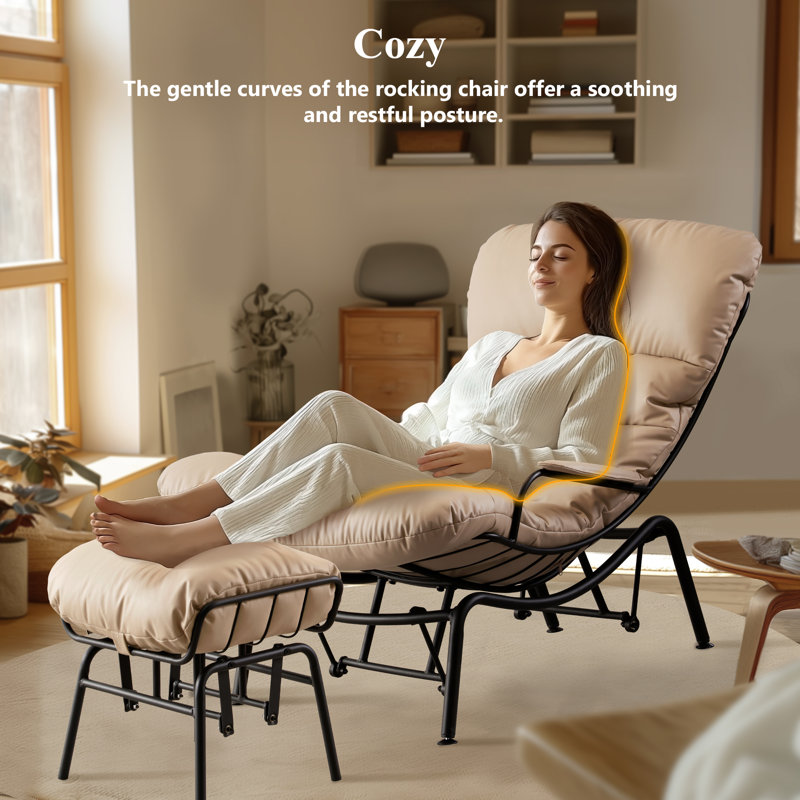 Cream Faux Leather Mid-Century Modern Glider Rocking Chair with Ottoman