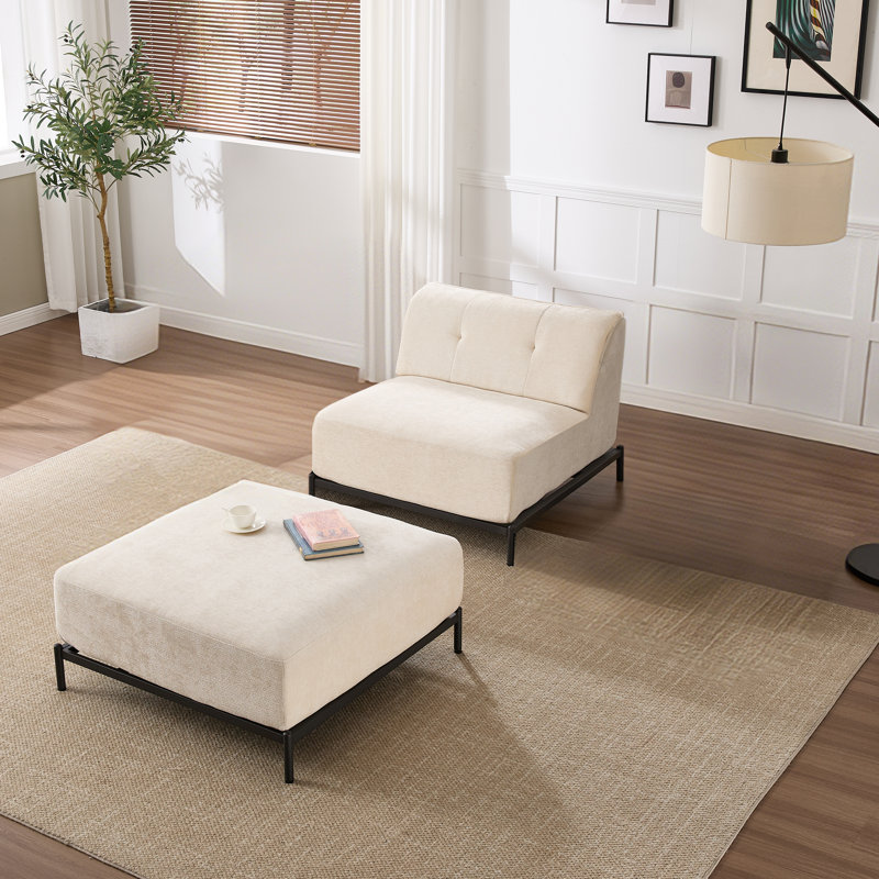 Upholstered Chenille Armless Sofa with Ottoman, Beige Chenille