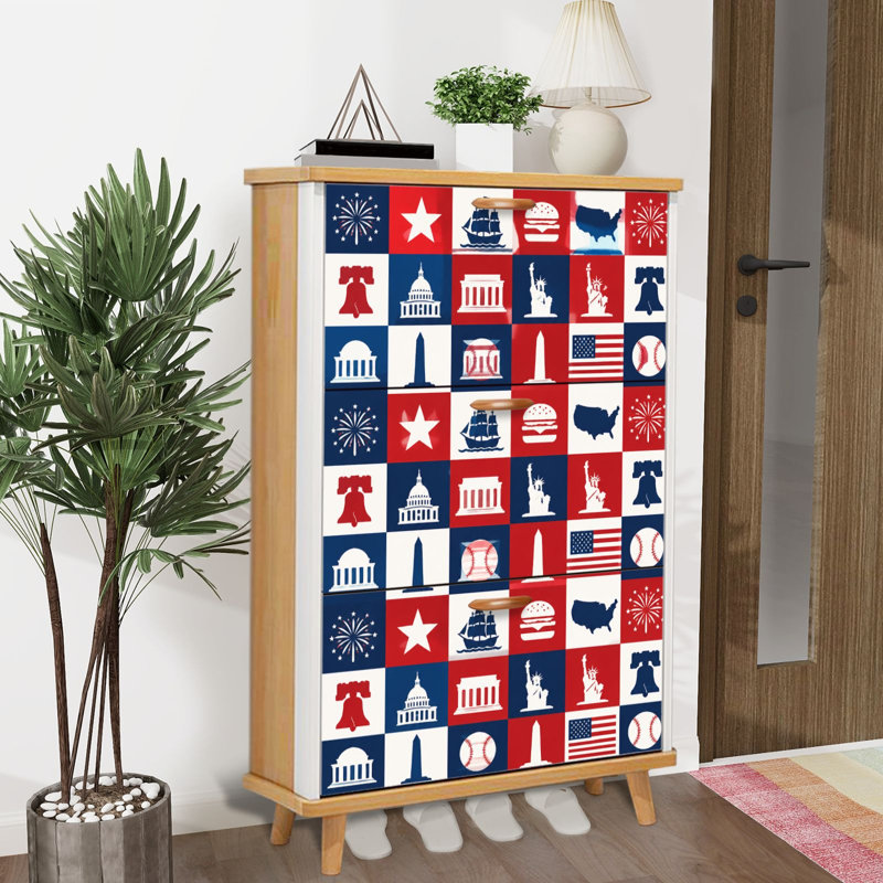 Shoe Storage Cabinet with 3 Flip Drawers for American Patriotic Stars Stripes Fireworks Landmarks Baseballs Burgers Shoe Rack Storage Organizer