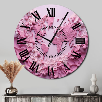 Pink Whimsical Waters World Map - World Map Black Face Wall Clock