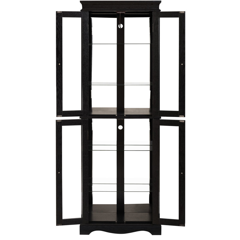 Bois noir éclairé - rangement en verre encadré avec charnière, tablettes réglables, installation à six niveaux pour les objets de collection dans la maison, éclairage de l'armoire, structure, étagères à vin et salon