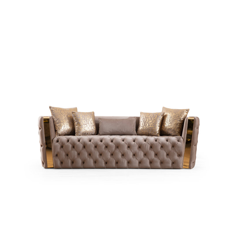 Canapé capitonné à boutons avec tissu velours et accents dorés, Taupe
