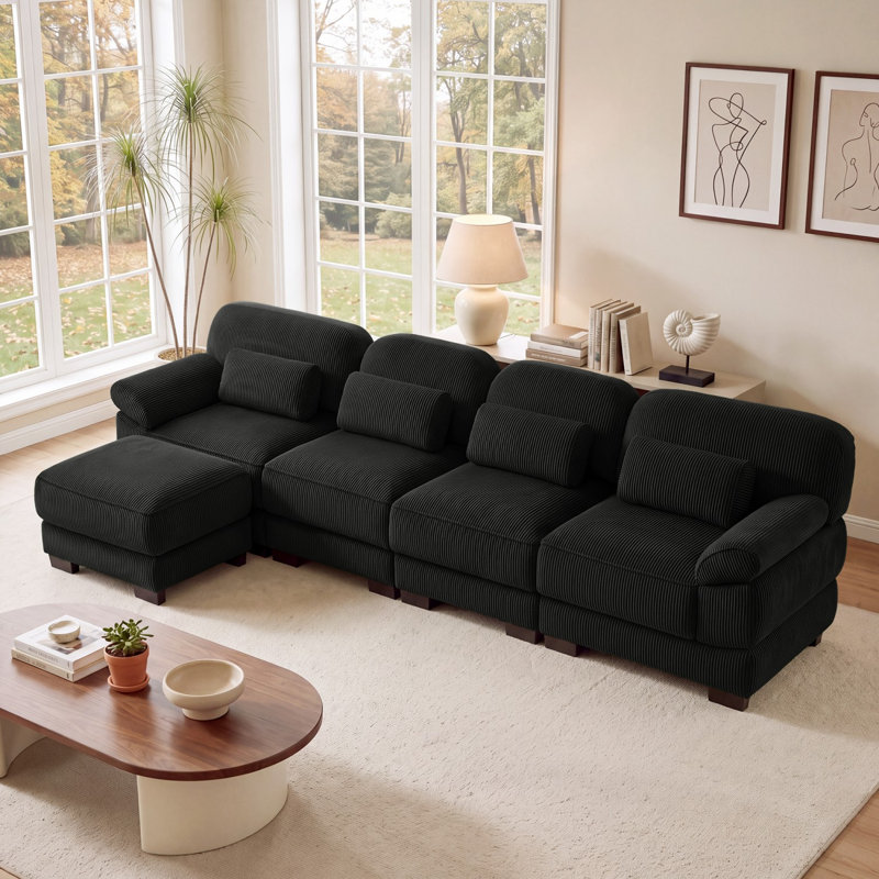 Canapé d'angle modulaire surdimensionné en forme de L, canapé 4 places avec pouf, tissu velours côtelé, pour salon, chambre ou appartement