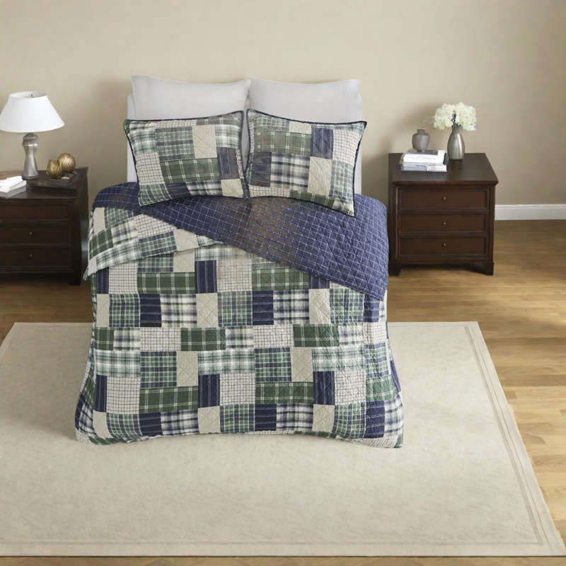 Reversible Microfiber Bedding Sets, Green Navy Rustic Design For Home