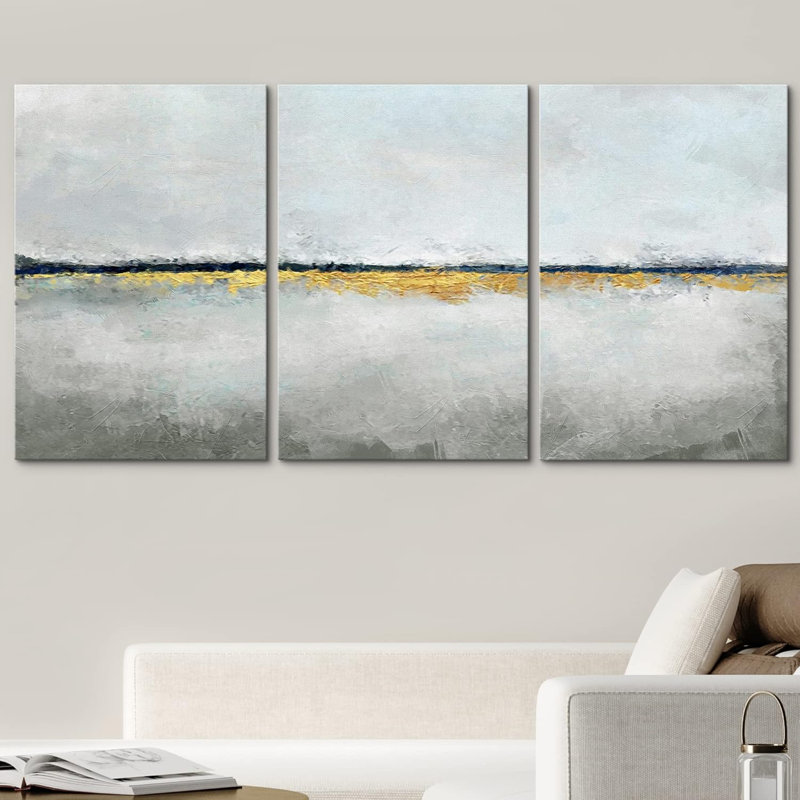 «Minimal Landscape Minimal Pastel Blue Gold Paint Landscape Abstract Shapes Modern Art Decor on Canvas», reproduction de 3 pièces