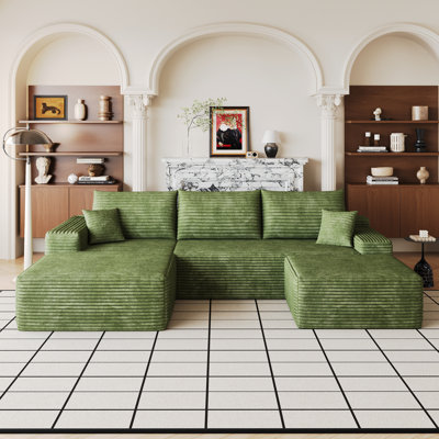 107Cloud Sectional Sofa with 1 Ottoman, 107×68.2×37.8 in, Fabric, Plush Corduroy, 3 Pieces, Sectional Sofa, Green, No assembly required