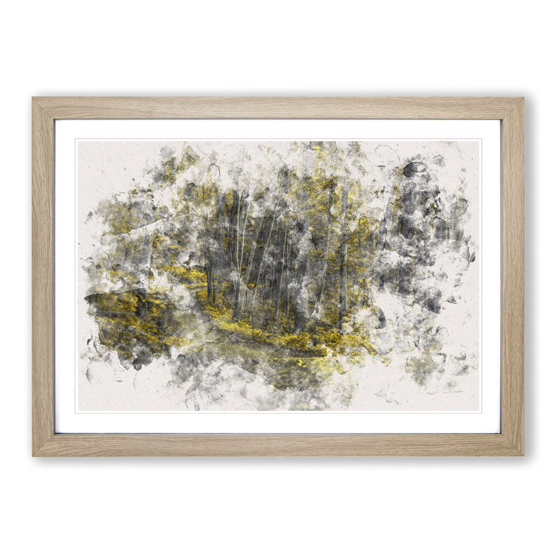Yellow Forest In Connecticut Watercolour - Framed Print, 33cm H x 45cm W x 2cm D, Oak