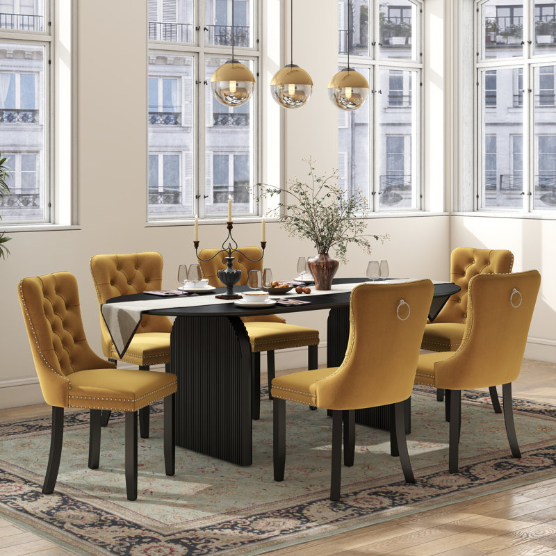 Ensemble de salle à manger Mid-Century, Noir, 7 pièces : table, 6 chaises, Jaune
