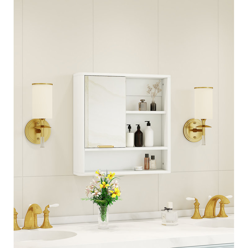 Armoire de salle de bain murale moderne avec rangement caché, tablettes ouvertes, construction imperméable et rangement pour meuble-lavabo compact.