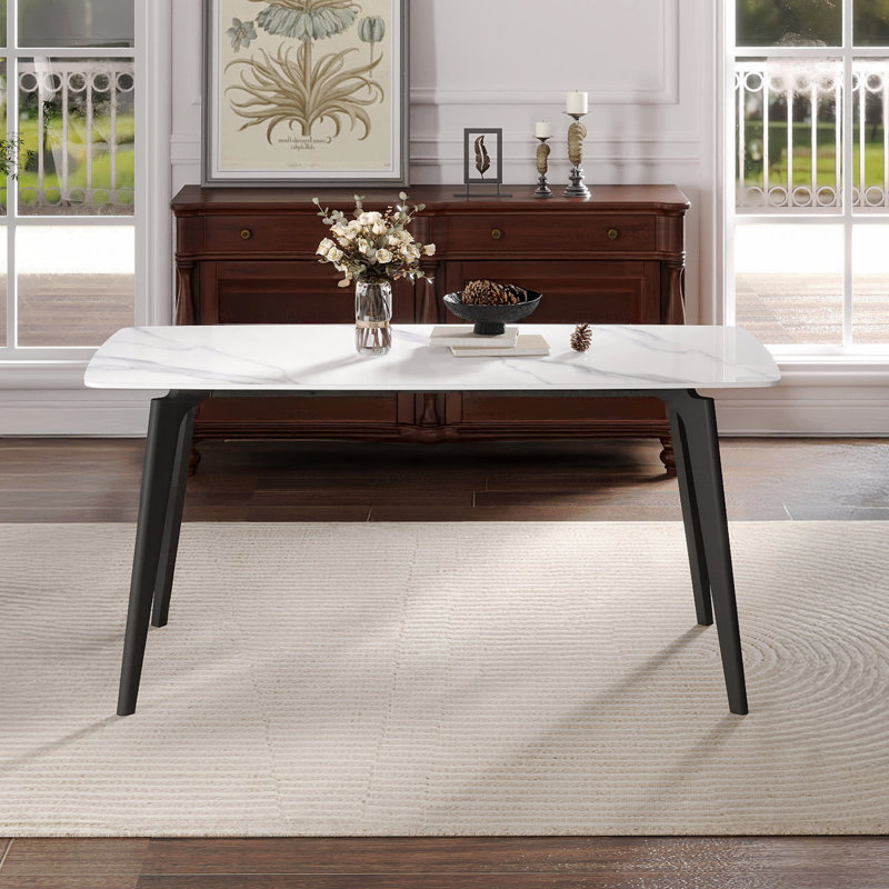 62.99" Modern Rectangular Dining Table White Artificial Stone Curved Edge Black Metal Legs 6 Person, White