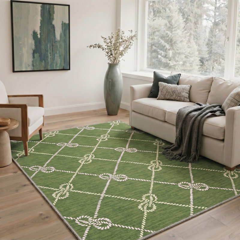 Tapis géométrique vert / ivoire lavable à la machine avec envers antidérapant, Rond 5 pi