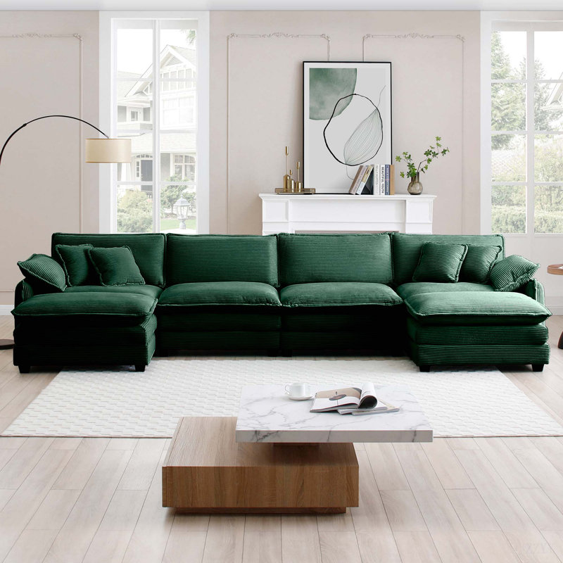 Oversized Modular Cushioned Sofa With Conversible Ottoman, Green, 33.85" H x 115.34" W x 34.25" D