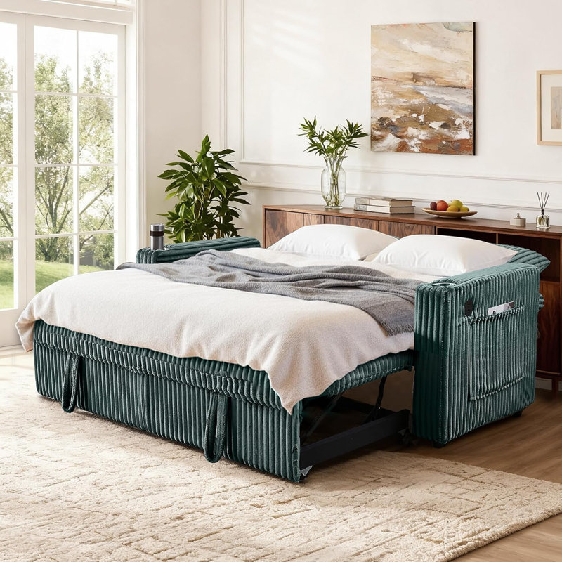 65 In Full Sleeper Sofa Bed, Convertible Pull Out Couch With Small Table, Green