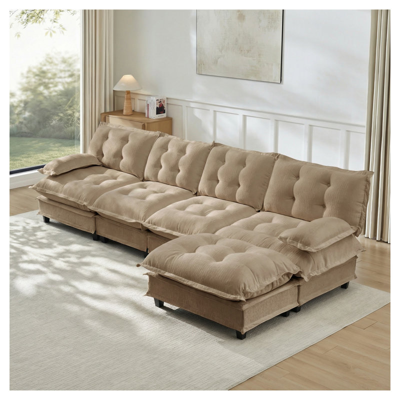 Canapé modulaire modulaire en forme de L de 138 po en forme de L avec repose-pieds 4 places, canapé profond en chenille 4 places avec coussin en treillis confortable décoré, chambre à coucher et appartement, café clair