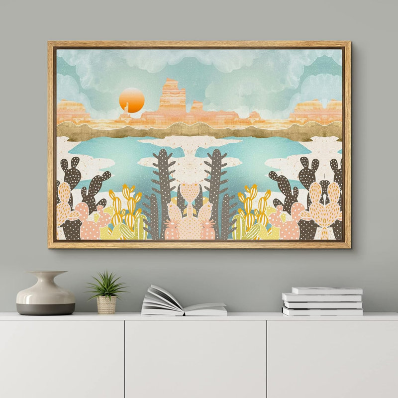 Sun Mountain Range, Canyon rose avec soleil orange et cactus, reproduction sur toile, Naturel, H 16 po x l 24 po x P 1,5 po