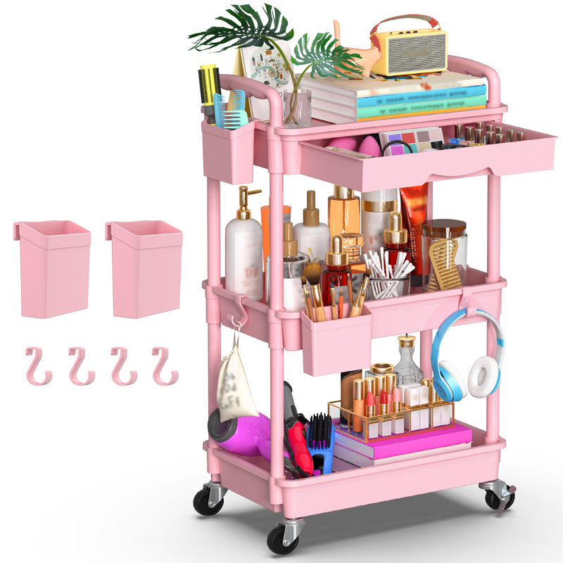 Rolling Cart with Drawer & Lockable Wheels, Plastic Shelf Storage Organizer Cart, Pink, 3 Tier