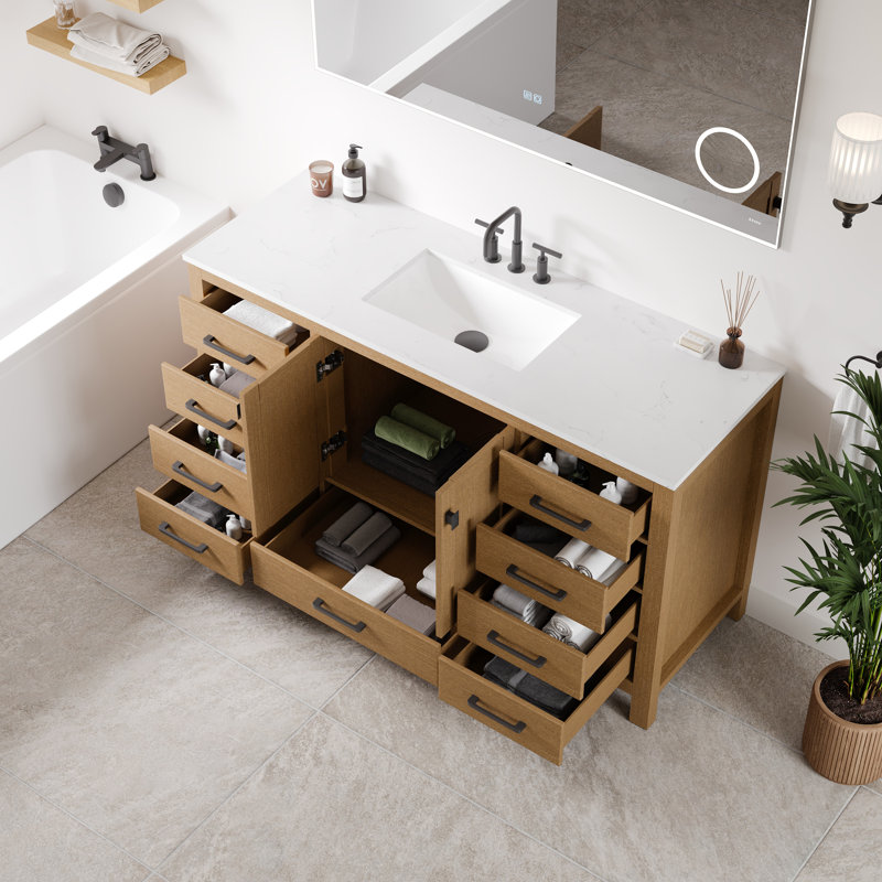 Meuble-lavabo Aberdeen de 60 po en chêne avec lavabo simple, comptoir en quartz de Carrare et lavabo encastré en porcelaine.
