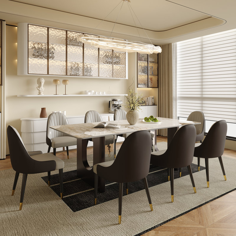 Ensemble de table de salle à manger moderne en pierre frittée avec 8 chaises en similicuir