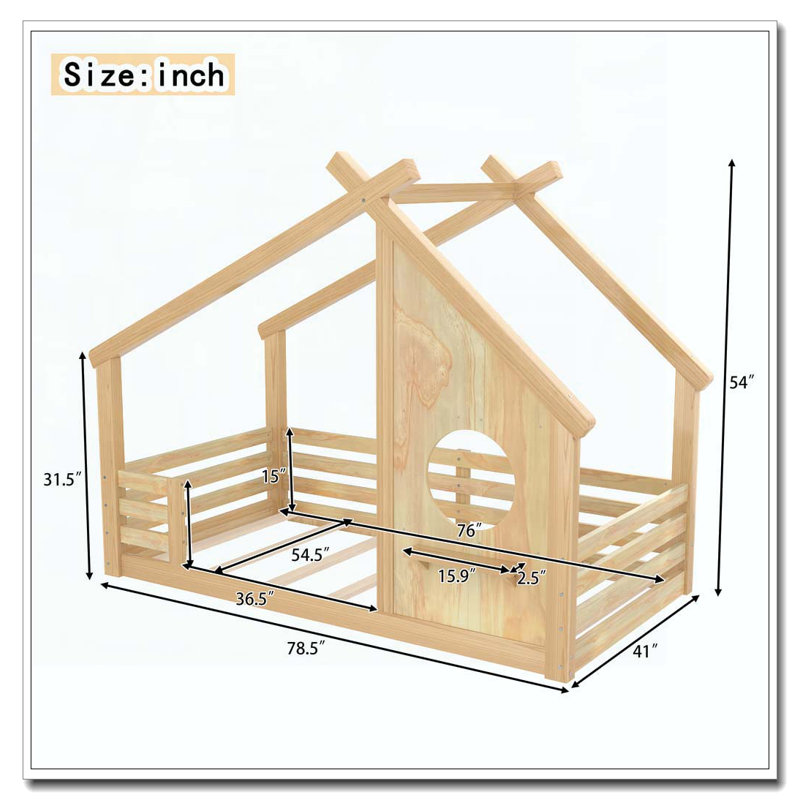 House Floor Bed with Window and a Small Shelf, Natural, Lit simple