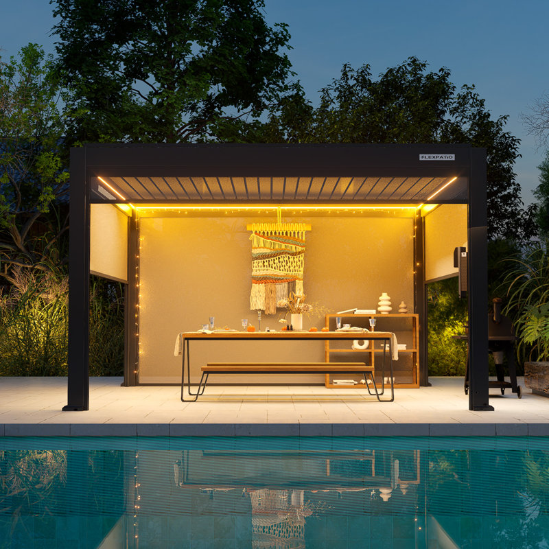 Flexpatio Power+ Pro Motorized Pergola Outdoor Louvered Pergola With 4-Side Motorized Roller Shades, 100" H x 159" W x 160" D