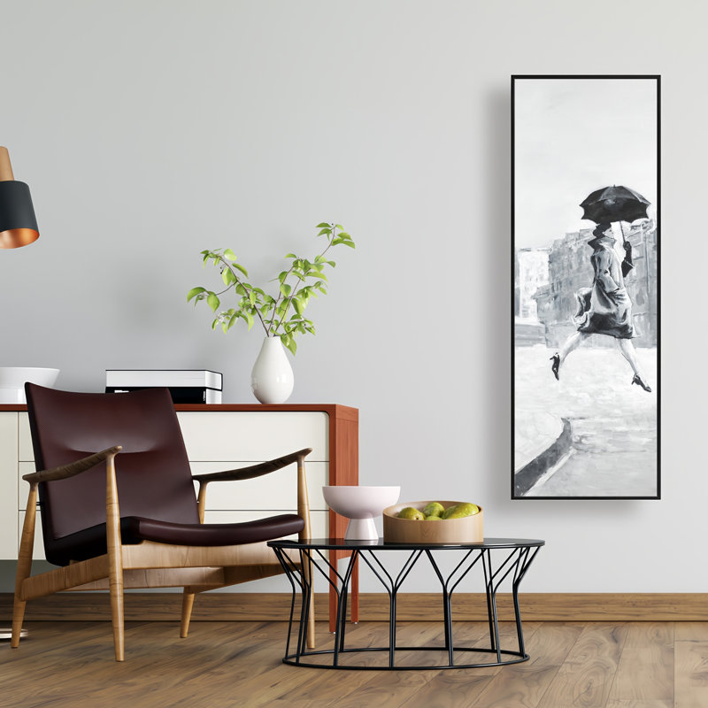 «Woman in the Rain», art sur toile encadré monochrome gris
