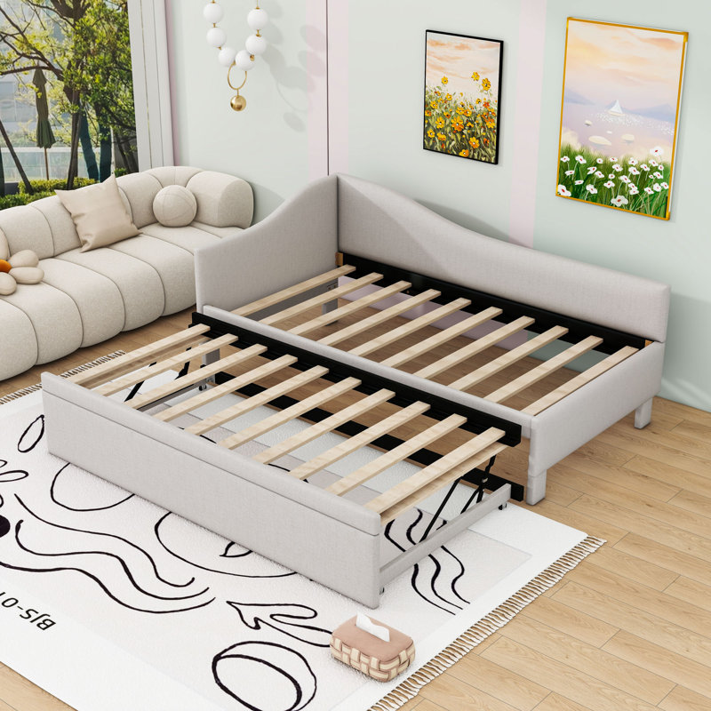 Twin L-Shaped Upholstered Daybed with Trundle, Beige