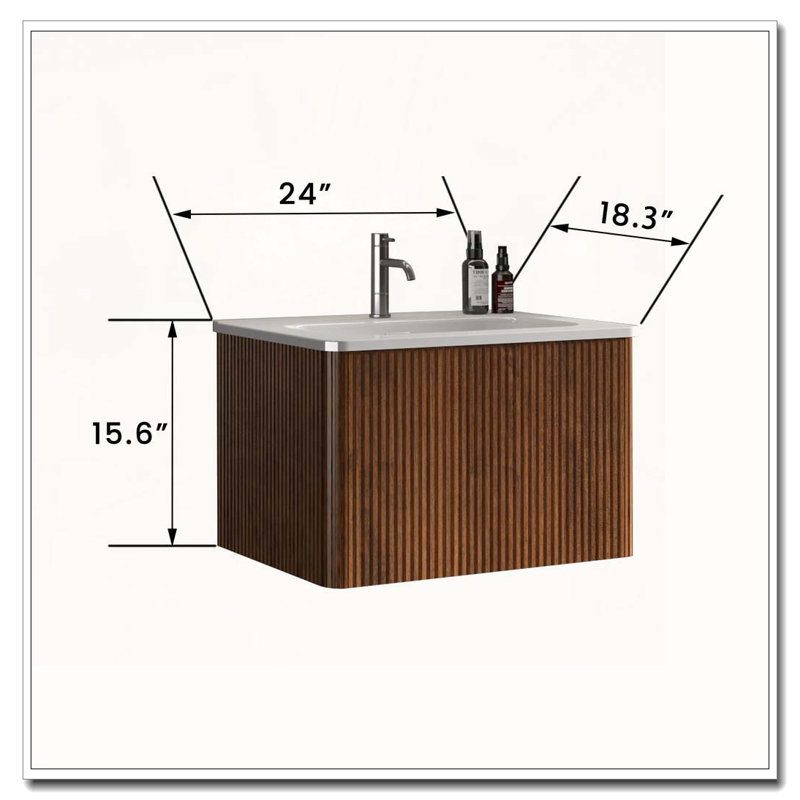 Meuble-lavabo mural flottant avec lavabo en céramique, Noyer