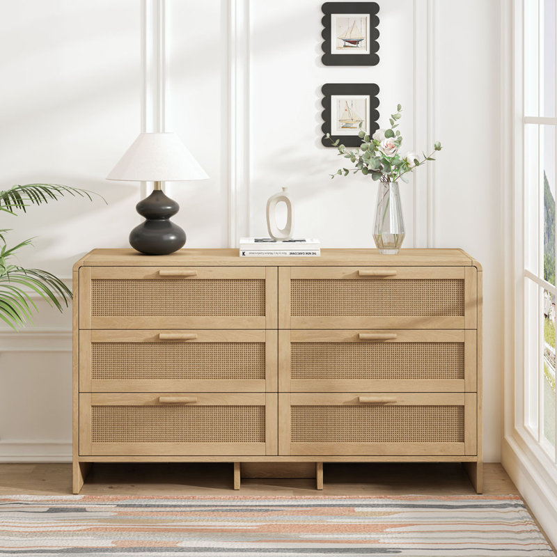 Armoire de rangement en rotin 6 tiroirs, Naturel