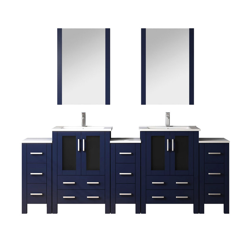 Meuble-lavabo double bleu marine 84 po W, avec armoires latérales, robinet, comptoir en céramique blanche, 22 miroirs et surface à gratter, robinet, teinture