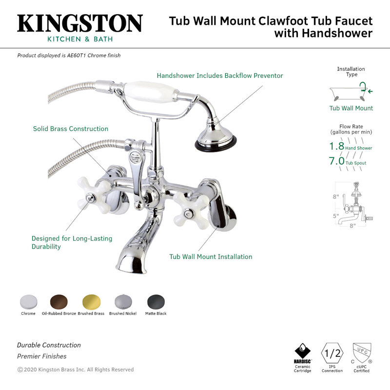 Kingston Brass Aqua Vintage Three-Handle 2-Hole Tub Wall Mount Clawfoot Tub Faucet with Hand Shower, Matte Black