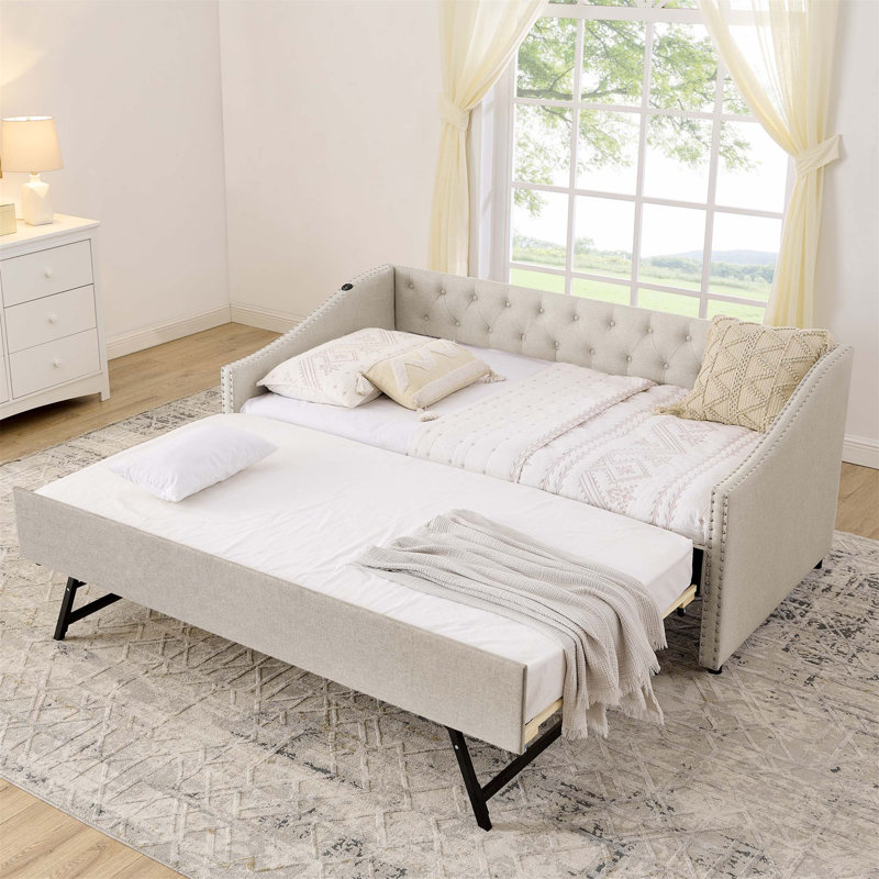 Multifunctional Daybed With USB Charging, Pull-Out Extendable Bed, And Elegant Button-Tufted Design For Modern Living, Beige