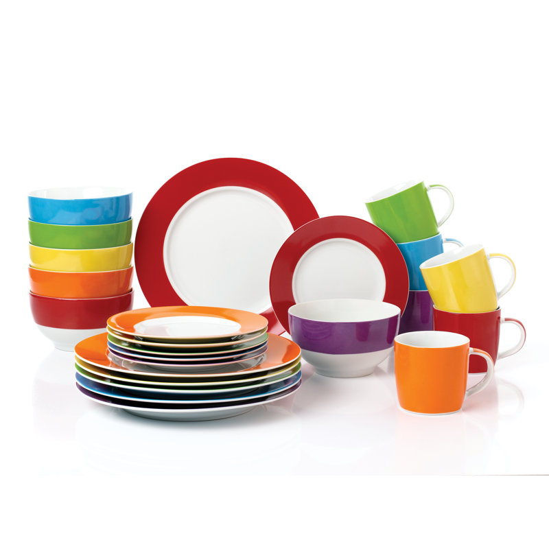 Waterside 24pc Multi Colour Band Porcelain Dinner Set