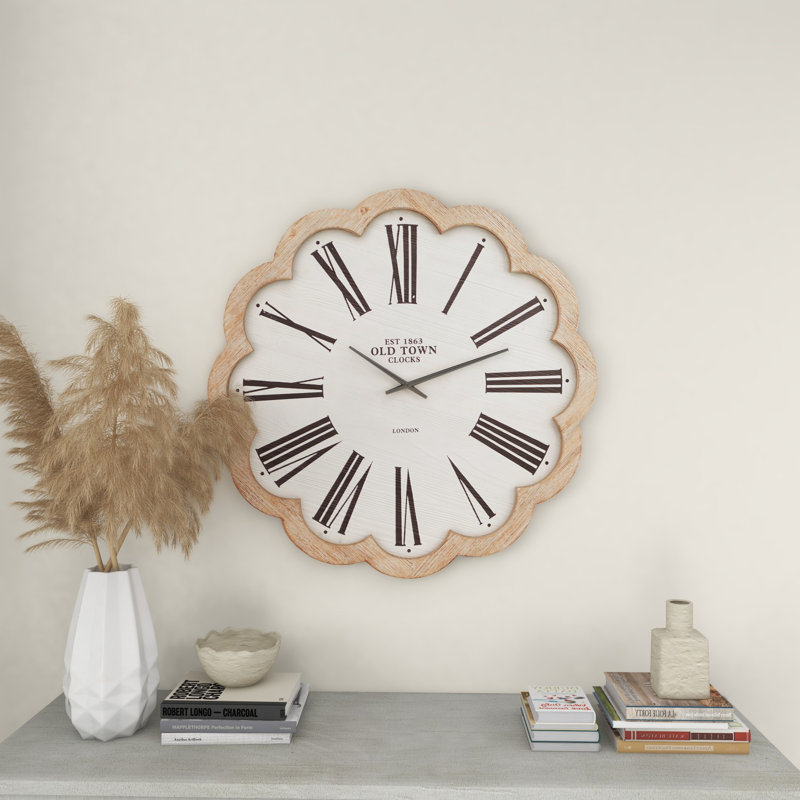 Albus White Wood Floral Shaped Decorative Wall Clock with Brown Scalloped Frame