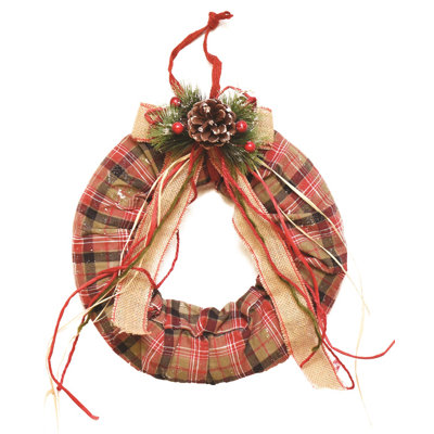 Red and Beige Plaid Christmas Wreath with Burlap Bow - 13-Inch Unlit