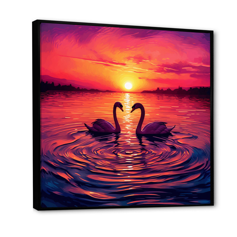 Cygnes amoureux, coucher de soleil romantique I, H 24 po x l 24 po, Cadre flottant noir