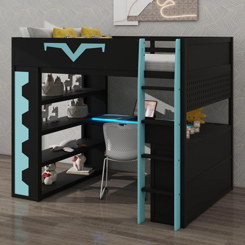 Lit mezzanine double Pro-Gamer avec bureau intégré, éclairage à DEL RVB, prise de courant, grande bibliothèque, panneau perforé, tablette à clavier et tiroir