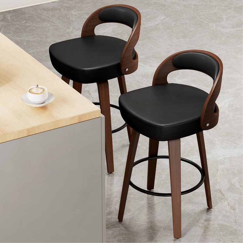 Ensemble de 2 tabourets de bar pivotants à hauteur de comptoir de 26,8 po pour îlot de cuisine, tabourets de bar noirs revêtus de similicuir et pieds en bois massif, VF