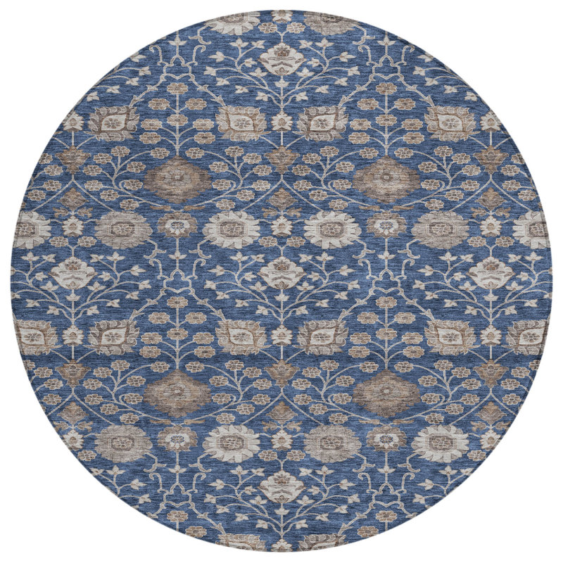 Tapis extérieur rond lavable floral 8 pi bleu marine, brun et beige