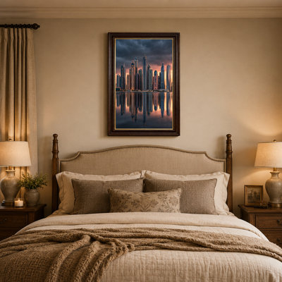 Art mural sur toile, "Skyline de Dubaï reflété dans l'eau au coucher du soleil"