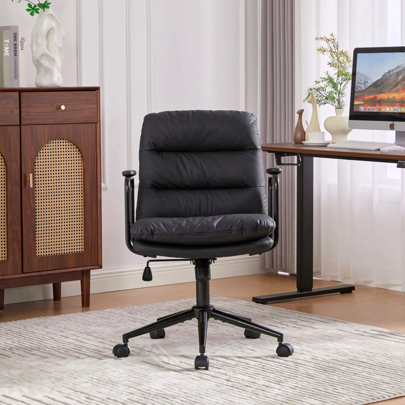 Black Office Chair, Mid Back Home Office Desk Task Chair, With Wheels And Arms, Ergonomic Pu Leather Computer Rolling Swivel Chair, With Padded Armrest, The Back Of The Chair Can Recline 40°, Sw1741bk