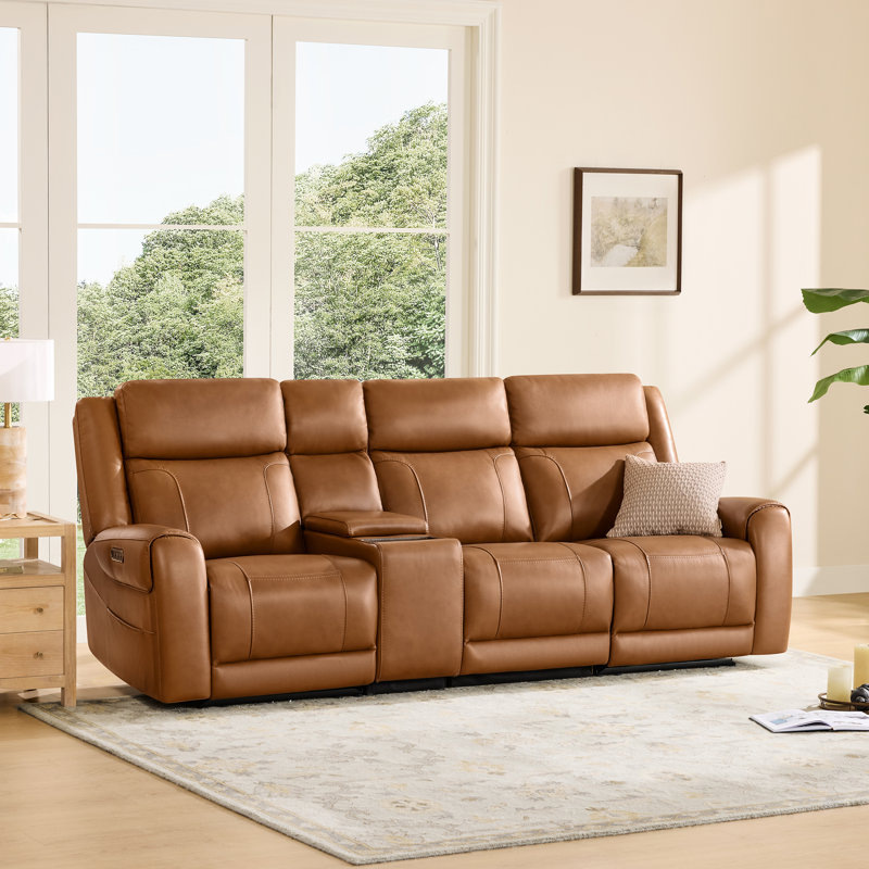 3-Seat Dual Motor Genuine Leather zero clearence recliner Power Recliner Sofa With Power Headrest And Console, Saddle