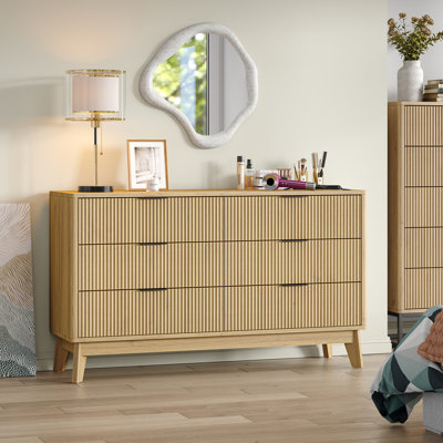 Cheris 54"W Fluted Design 6-Drawer Dresser Organizer,Wood Dresser with Gold Handles & Wood Legs for Bedroom
