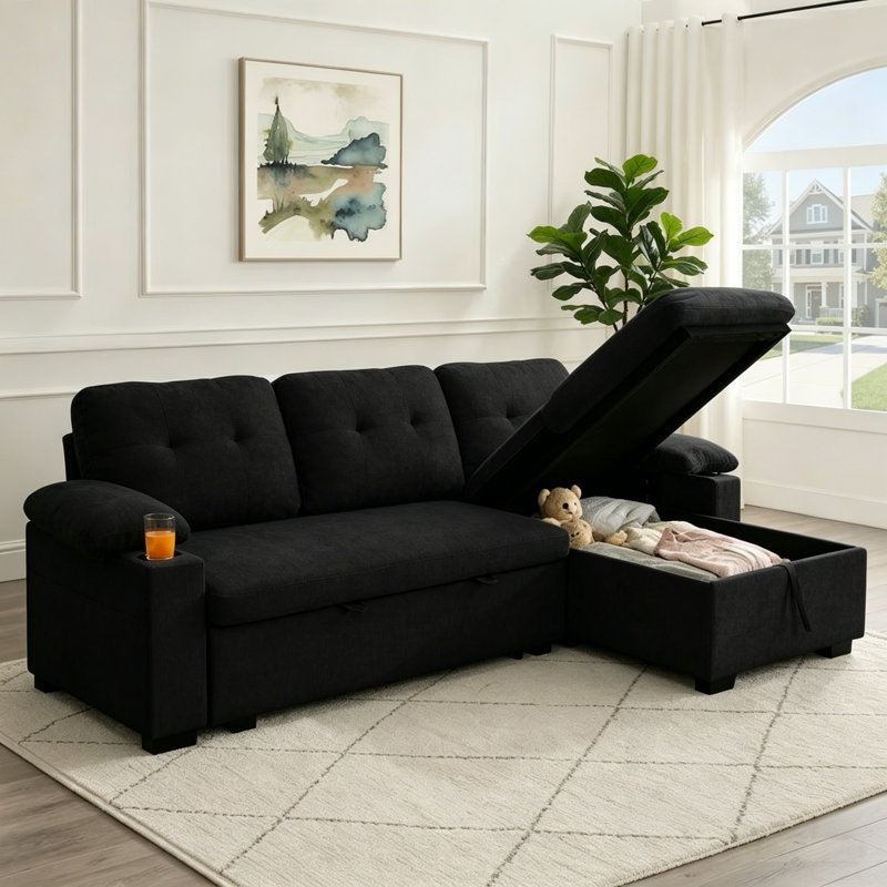 Canapé-lit modulaire de 95 po avec lit escamotable, canapé convertible en forme de L avec méridienne réversible, ports USB, porte-gobelets et table d'appoint pour salon, appartement