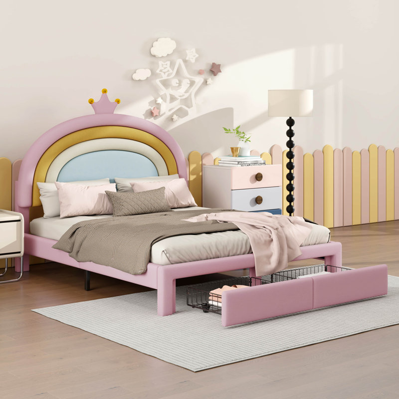Upholstered Rainbow Design Bed With Storage Drawer, No Box-Spring Needed