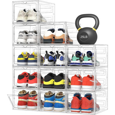 Boîtes de rangement à chaussures transparentes extra larges avec portes magnétiques, organisateur de chaussures empilable pour baskets, bottes et talons, vitrine de rangement résistante pour placard