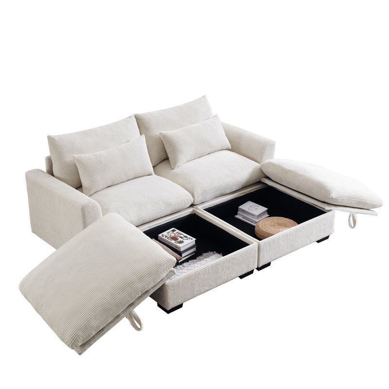 Canapé Corduroy à deux places avec 2 repose-pieds de rangement, canapé modulaire à 2 places, sièges confortables, canapé